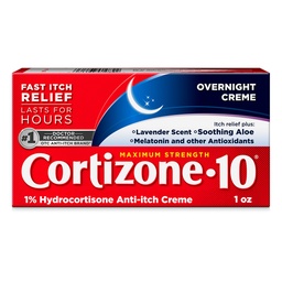 Cortizone-10 Putere maximă Overnight Itch Relief Cream, 1% Hydrocortizon, Fast-Actioning, Lavender Scented Anti-Itch Cream pentru Bug Bites, Eczeme, Psoriazis, Poison Ivy, Oak, Sumac, 1 oz