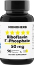 MONOHERB Riboflavin 5'- Phosphate 50 mg - 90 Capsule vegetariene - Vitamina B2 bioactivă - Made in USA