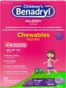Benadryl Medicina pentru Alergia Copiilor Masticabile cu HCl de difenhidramină, Tablete antihistaminice pentru copii masticabile pentru ameliorarea simptomelor de alergie, cum ar fi Stranezing & Itchy Eyes, Aroma de struguri, 20 ct