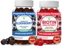 Lunakai Biotin & Elderberry Gummies Bundle - Gummy pentru cresterea parului, Skin luminos si unghii mai puternice cu vitamina C si E - Supplement de sprijin imun pentru adulti si copii