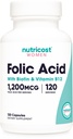 Nutricost Acid folic pentru femei (Vitamina B9) 1200 mcg, 120 capsule, cu B12 şi Biotin, Capse Veggie, fără GMO şi gluten