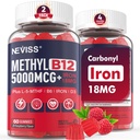 NEVASS Metil B12 Vitamine 5000 mcg Gummies + Fier 18 mg pentru femei - metilcobalamină activă metilat B12 Suplimentul de vitamine w/L-metilFolat, B6 (P5P) & D3 pentru energie și sprijin de focalizare, 120 Serviri