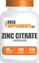 BulkSupplements.com Capsule Citrate de zinc - Suplimente de zinc, Gluten gratuit - 30 mg per Serving, 1 capsulă per Serving, 240 Count (Pachet de 1)