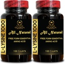 L-LYSINE 1000 mg Free Form Amino Acid Essential - Lip Health, Lysine Supplement L-Lysine 1000mg, Essential Amino Acid Supplement for Immune Support & Gum, Gluten Free - 2 Flacoane 200 Counts