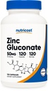 Nutricost Zinc Gluconat 120 Capsule vegetariene (50 mg) - Gluten fără GMO