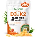 VEV Corefeel Vitamina D3 K2 10000 UI, 200 μg MK-7, 300 Softgels ulei de cocos, 2 în 1 Vitamine Suplimentul D & K (Include MK7), Ușor de înghițit, Suportă absorbție de calciu, Sănătate osoasă