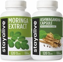 STAY ALIVE Moringa și Ashwagandha Bundle w/Black Pepper Extract, 240 Vegan pastile, non-GMO & Gluten gratuit Ashwagandha Moringa Supliment 2 ambalaj