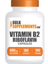 BulkSupplements.com Riboflavin Capsule - Vitamina B2 400 mg, Riboflavin 400mg - Vitamina B esenţială, Gluten Free, 1 capsulă per Serving, 180 capsule (Pachet de 1)