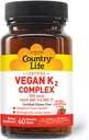 Country Life® Vegan K2-500 mcg, 60 Ct. Tablete masticabile. Aromă de căpșuni - Certified Gluten Free - Certified Vegan by AVA 
