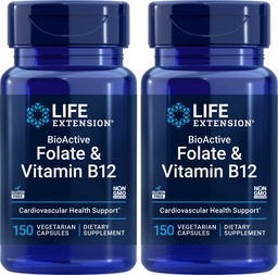 Extensie de viaţă BioActive Folate & Vitamina B12, 150 Capsule vegetariene (Pachet de 2), Non OMG, Gluten gratuit