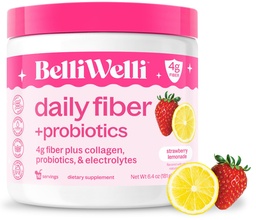 Belli Welli Fiber Supplement for Women&Men, Premium Daily Fiber Powder from Organic Acacia with Added Colagen, Electrolytes &Probiotics, No Bloat, Constipatia &Gut Health Support (Strawberry Lemonade)