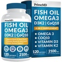 4-in-1 Ulei de pește Omega 3 Suplimente grase (2100mg) - Omega 3 Ulei de pește cu vitamine D3 K2 și CoQ10 - Aromă de lămâie (120 softgels)