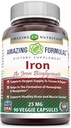 Formule uimitoare de fier ca Bisglicinat de fier 25 Mg Capsule Veggie (non-GMO,Gluten Free) - Sprijină alimentarea cu oxigen a țesuturilor și organelor-Ajutoare în formarea de hemoglobină și mioglobină.(90 Capsule vegetale)