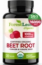 ForestLeaf Organic Beet Root Capsules - Beetroot Supliment 16000mg Putere 20:1 Pastile de extract w/Ginger Seacă de struguri 