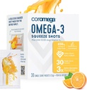 Coromega Omega 3 Suplimentul de ulei de pește cu suplimentar vitamina D3, 650mg de Omega-3s cu 3X mai bine absorbție decât Softgels, Tropical Orange Flavor, 30 Pachete de unică servire
