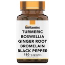 Tnvitamine Complex Turmeric & Boswellia (180 capsule) cu rădăcină de ghimbir, Bromelain, & Black Pepper Extract 