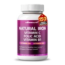 Iron organic de mare potenta cu vitamina C, acid folic - Formula de mare absorbție Vitamina B1, vitamina B6, vitamina B12 - Support Blood Building - 150 Conte - Made & Tested in the USA