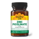 Country Life Zinc Picolinat 25 mg - Superioara Absorbtie Zinc Supliment pentru Suport Imun, Prostate Health & Cellular Wellness - Certified Gluten-Free, Vegan & Halal, Non-GMO - 100 Comprimate