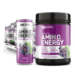 Optimum Nutrition Amino Energetic Powder: Concord Grape (65 Servings) with Essential Amino Energy Plus Electrolyes Sparkling Drink: Grape (12 Cans) - Bundle Pack
