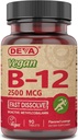Deva Vegan Vitamine B-12, Mare Potenta 2500 mcg B12, Dizolvare rapida, Sublingual, 90 comprimate (Pachet de 3)