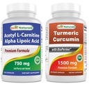 Cele mai bune naturale Acetil L-Carnitina și Alpha Acid lipoic 750 mg și Curcumin turmeric 1500mg/Serving cu Bioperină