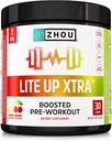 Zhou Lite Up Xtra - Zahar Free Pre Workout Pulbere pentru femei și bărbați, Preworkout Supliment cu Cafeina pentru Energie Clean, Amino Acid Support, Hydrate & Focus, Plant based - 30 Scoops