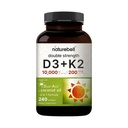 NatureBell Vitamină Dublă Rezistenţă D3 + K2-240 Softgels - 10000 UI Vitamină D & 200mcg K2 - Concentraţie osoasă, funcţie imună şi suport de absorbţie de calciu * - Ulei de cocos perfuzat