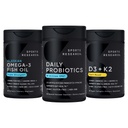Cercetare sportivă Wild Alaskan Pollock Omega 3 Ulei de pește 90 Softgels (1250 mg) + Probiotice Vegane cu prebiotice, 60 Miliarde CFU (30 Softgels) + 5000 UI vitamina D + 100mcg Mk7 Vitamina K (60 Softgels)