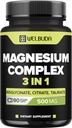 Complex 3in1 Magneziu 20% Purificat - 500 mg Bisglicinat de magneziu, Citrat & Oxid pentru mușchi, Relaxare Mood, Sănătate osoasă & More - 90 Capsule