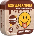 Happy Strips Organic Ashwagandha KSM 66 & GABA pentru Stres Relief, Calmness, Somn - Rapid-Action & Rapid-Dizolvare, Ciocolata Mocha Aroma, Organic, Vegan, Zahăr-Free - 30 Conte