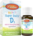 Carlson - Super Daily D3, Baby Vitamina D picături, 400 UI (10 mcg) per picătură, 1 an de aprovizionare, vegetariană, lichid vitamina D pentru sugari și copii mici, neflavorat, 365 picături