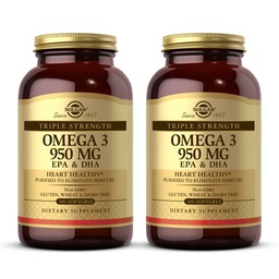 Solgar Triple Putere Omega 3 950 mg - 100 Softgels, Pachet de 2 - Suporturi Joint & Skin Health - Non-GMO, Gluten Free, Dairy Free - 200 Total Serviri