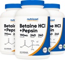 Nutricost Betaine HCl + Pepsin 790mg, 240 Capsules, 3 Bottles (720 Capsules)