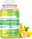 Vitamina B2 Gume pentru adulți și copii - Riboflavin 400mg Supliment cu magneziu Glicinate & CoQ10, suport Migrene Relief & Sistem nervos, Boost Energy, Sugar Free Vegan B2 Gummies Lemon Flavor