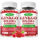 2 Pack Ginkgo Biloba Gummies cu Panax Ginseng și Magneziu, Ginkgo Biloba Suplimente pentru Focus, Memorie, și sănătatea creierului pentru adulți și copii, Vegan Aroma de zmeură Gummies, 120 Conte