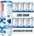 FITAID RX Zero Sugar, Incapsulat Creatina, Workout Recovery Drink, All-In-One Blend, BCAAs, Glucosamine, Turmeric, B-complex, Electroliti, Blue Raspberry, 12 Fl Oz (Pachet de 24)