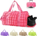 Pungă de gimnastică Quilted Duffle pentru femei,Geanta de plastic pentru călătorie cu pantofi Compartiment,Puffer Weekender Bags Overnight Carry On Bag with Trolley Sleeve for Airplanes,Personal item Sports Duffel Dance Bag (Pink)