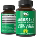 Performanţă maximă avansată Vitamina D 5000 UI cu toate cele 3 tipuri de vitamina K Vitamina D3 şi vitamina K2, K1, MK-7 (MK7), Supliment MK4 - 60 Pastile vegetale mici şi uşor de înghiţit