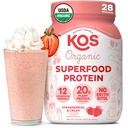 KOS Vegan Praf de proteine, căpșuni și cremă USDA Organic - Low Carb Proteina Blend, Pe bază de plante Superfood cu vitamine și minerale, Gluten gratuit - Înlocuire masă pentru femei și bărbați - 28 Serviri