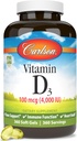 Carlson - Vitamina D3, 4000 UI (100 mcg), Bone & Imune Health, Colecalciferol Supliment, Gluten capsule fără vitamine D, 360 Softgels