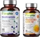 biofix B-3 Nicotinamidă 500 mg 180 Vcaps Plus Vitamină D-3 5000 UI 30 Softgels - Nicotinic Amide Niacin Formula de vitamine naturale fără culoare - Susţine sănătatea celulelor pielii