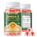 Vegan Omega 3 Gumries 1200mg - Dual Layer - Fish Oil Alternative, Marine Algae Omega 3 Supliment DHA 600mg, EPA 400mg cu Astexanthin,Sugar Free,60 Cts