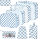 8 Set Cuburi de ambalare pentru costume, Cuburi de ambalare cu sac de pantofi, sac cosmetice, sac de imbracaminte, accesorii Bagaje de ambalare Cuburi pentru bagaje de călătorie Organizator Femei (Blue Chestered)