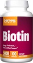 Jarrow Formulas Biotin 5000 mcg - 100 Veggie Caps, Pachet de 2 - Suporturi pentru cresterea pielii si parului, fatidic metabolice si productia de energie (ATP) - 200 Serviri totale