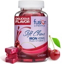 Supliment de fier masticabil pentru femei si barbati - Aroma de cirese, Vitamina de fier C Soft Chew pentru absorbtie maxima, fier ca fumarat feros, Ideal pentru anemie si deficienta de fier, 2 luni de aprovizionare
