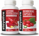 STAY AVE Cayenne și Berberine Bundle cu scorțișoară Ceylon și extract de gourd bitter, 240 Vegan pastile, non-GMO & Gluten gratuit Berberine Cayenne Pepper Supliment