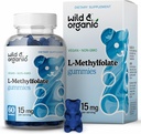 Wild & Organic L-Metilfolat 15mg Gummies - Mood & Brain Supplement - Folate 5-MTHF pentru creier, Focus, Clarity - Folate Supplement w/Vitamin B9-60 Non-GMO L Metilfolat Gumies