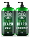 Viking Revolution Tea Tree Oil Beard Wash and Beard Balsam for Men - Natural Beard Softener Set with Argan Oil, Vitamina E and Ginseng - Beard Shampoo and Balsam Set (17 Oz)