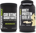 NutraBio Creatina Monohidrat, Nearomate, 500g și Whey Proteine Izolat, Vanilie alpină, Supliment Bundle - Energie musculară, Lean musculare creștere, recuperare și putere