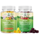 Bundle of Kids DHA Omega 3 Gume - Gumele grase Acide Omega 3 6 9 for Brain Immune Force & Vision - nutritional DHA and Sambucus Elderberry Gummies for Kids Health - Zinc & Vitamina C for Immune Support